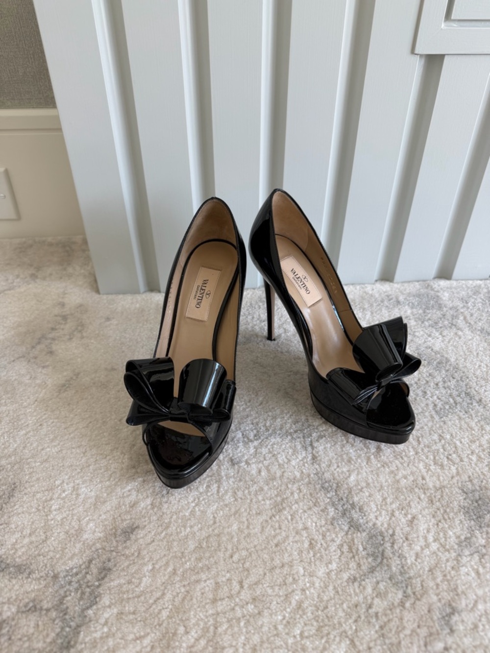 Valentino Black Patent Leather Bow Platform Peep-Toe Pumps